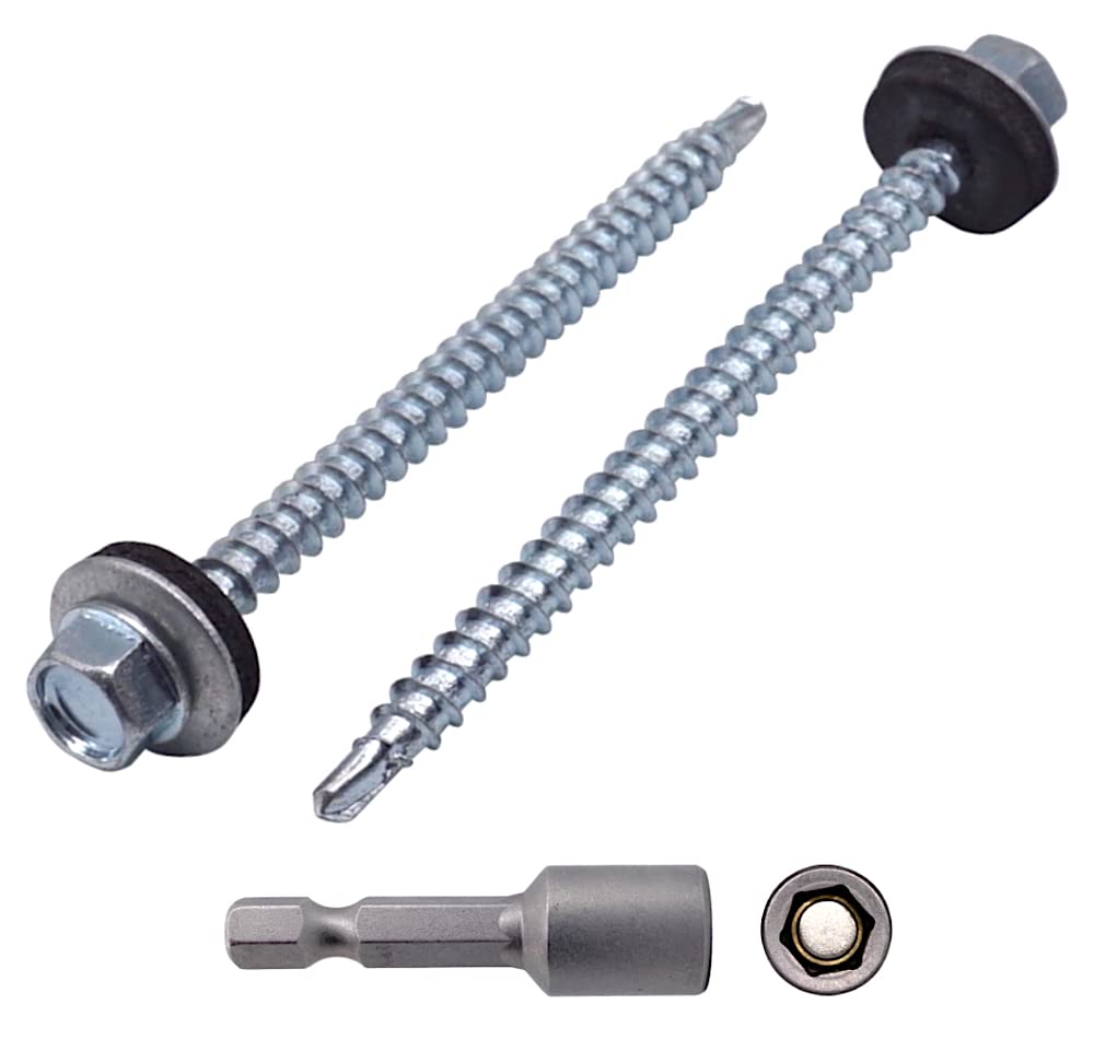 (Pack of 30 pcs) DIN 7504-K Zinc Plated Steel 4.8 x 70 mm Self-Drilling Screws With EPDM Washers, Hex Washer Head, Sheet Metal Screw, Self Tapping (30, 4.8 x 70 mm)