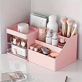 Makeup Organizer With 2 Drawers, Countertop Organizer For Vanity, Bathroom Organizers And Storage, Bathroom And Bedroom Desk Cosmetics Organizer For Skin Care, Brushes, Eyeshadow, Lotions (Pink)