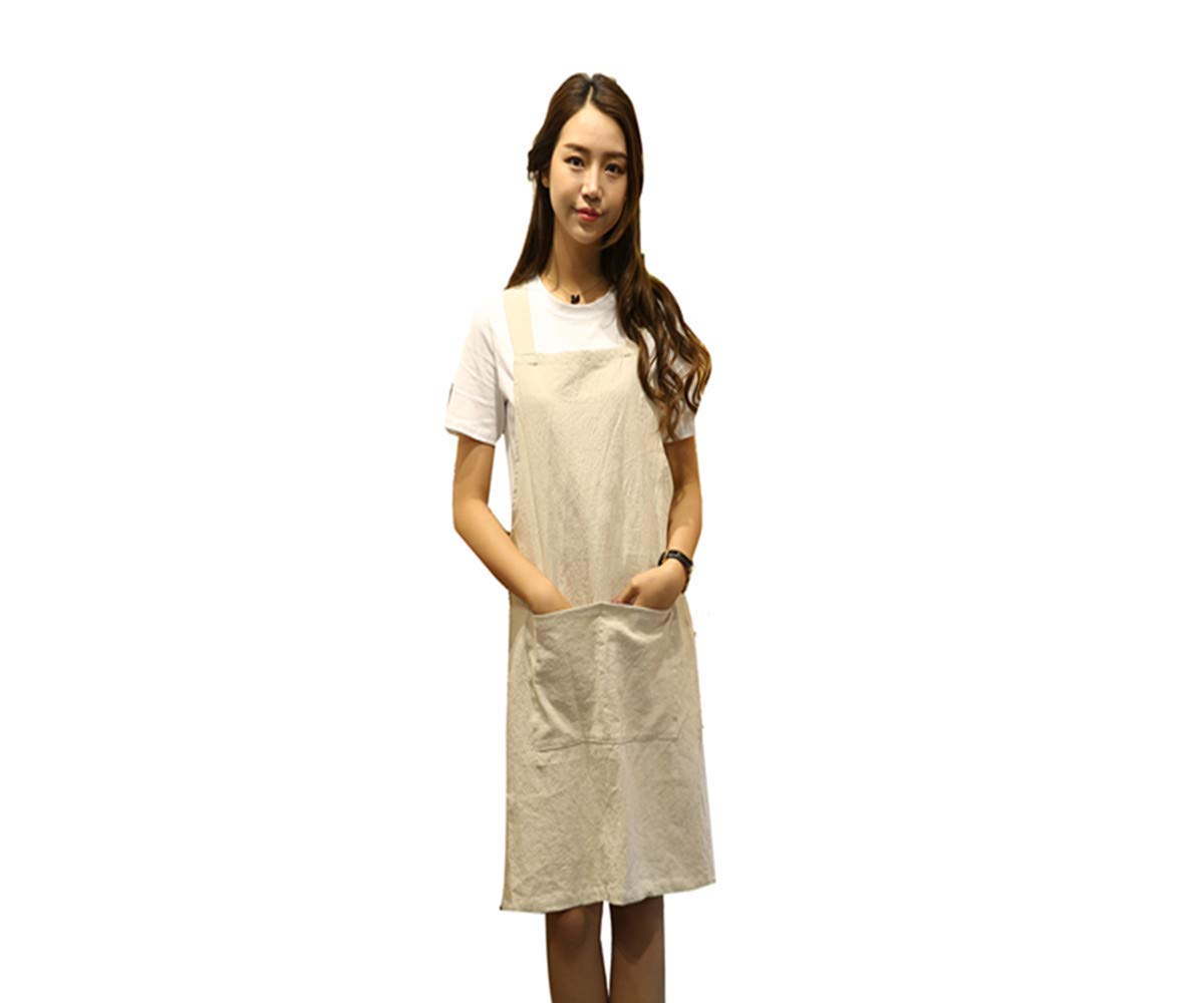 H Shoulder Straps Soft Cotton Linen Apron Solid Color Halter Cross Bandage Aprons Japan Style Kitchen Cooking Clothes Chef Summer Fit (Beige)