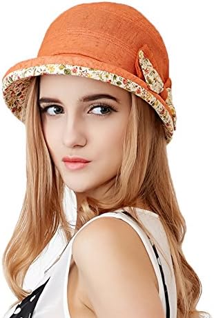 Hoolooy Womens Packable Sun Hats - Girls UPF50+ Fedora Floppy Visor Bucket Hat Beach Cloche Caps Ladies Fold-up Brim Bowtie Church Cap (Orange)