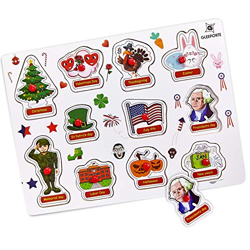 Gleeporte Wooden Peg Puzzle, Holiday Theme - Learning Educational Pegged Puzzle for Toddler & Kids (11 pcs)