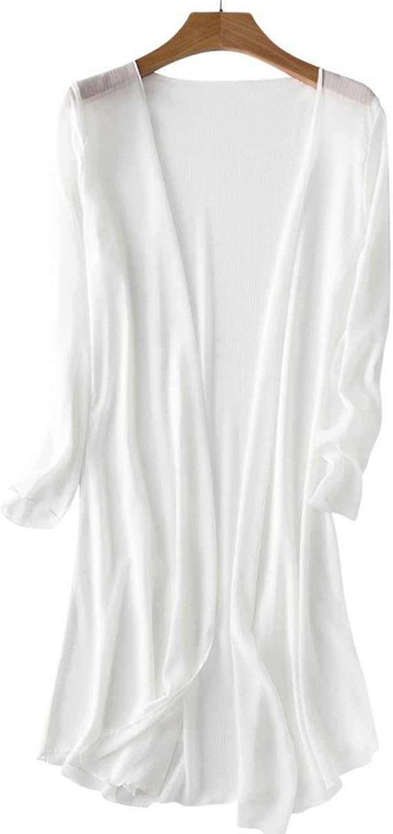 Amazon モノジー Monozy レディース ロング カーディガン 長袖 薄手 ふんわり 透け感 シフォン ノーボタン ガウン 1 ホワイト M カーディガン ボレロ 通販