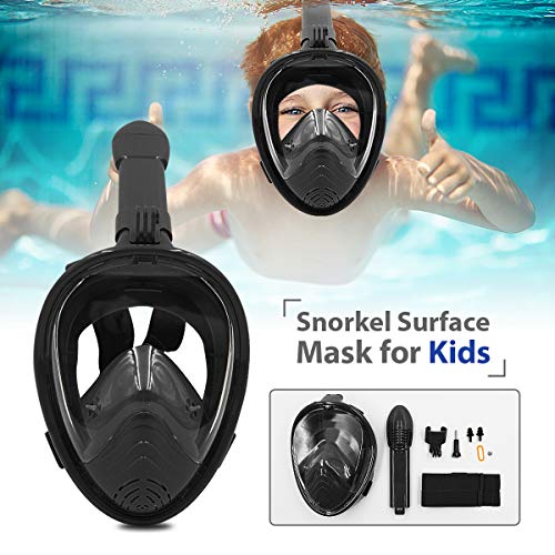 ROCONTRIP Full Face Snorkel Mask, Free Breathing 180° Panoramic View Diving Mask, Anti-Fog Anti-Leak and Adjustable Head Strap Snorkeling Mask for Men Women Adult (Black-Kids, XS)