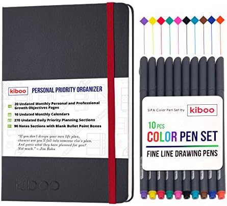 KIBOO Personalized Leather Journal Notebook 2017-2018 - Professional &amp; Personal Success A5/ 5.8" x 8.3" Black, Undated Daily Planner Agenda - Smart Academic Weekly &amp; Monthly Goal Organizer Calendar