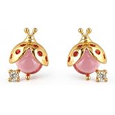 Ladybug Earrings, Pink Bug Stud Style Jewelry | gold tone shell look, red spots, rounded centers, clear lower accents, small ear lobe profile