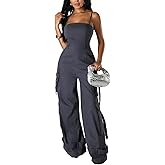 BOKITECAO Womens Cargo Jumpsuit Sexy One Piece Outfit Wide Leg Romper Multi Pockets Overalls