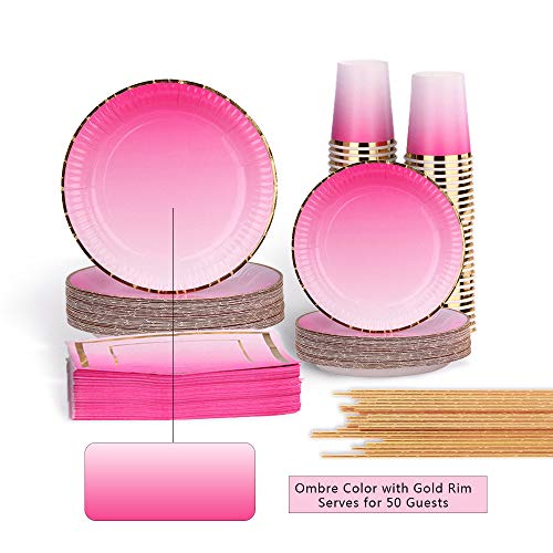 Ottin Ombre Hot Pink Party Supplies 50-counts Include Disposable Paper Napkins/Cups/Plates Straws Dinnerware Set for Birthday Wedding Bridal Shower Rainbow Party Baby Shower Weekend Party