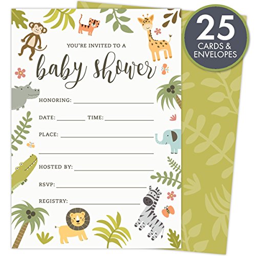 Safari Baby Shower Invitations Set of 25 Fill-In Style Cards and Envelopes. Jungle theme with Monkey, Giraffe, Elephant, Lion and Zebra. Printed on Heavy Card Stock.