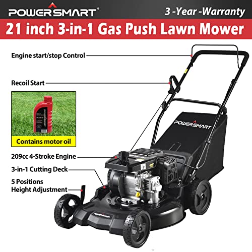 PowerSmart Gas Powered Push Lawn Mower, 21Inch 209cc 3in1 Walk