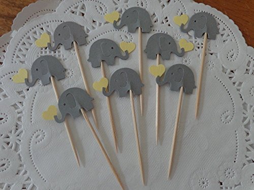 Grey Elephant Cupcake Toppers Holding Light Yellow Hearts - Elephant and Hearts Food Picks - Yellow and Gray Elephants - Party Picks - Baby Shower Appetizer Picks - Gender Neutral Shower - (Set of 24)