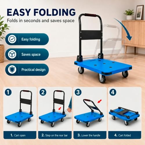 Folding Platform Cart Supports 550 kg Blue, TPR Wheels 5" | Warehouse & Moving Cargo Trolley