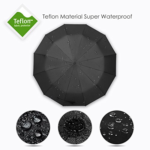 Bodyguard 12 Ribs Windproof Travel Umbrella with Teflon Canopy, Lengthened Handle with Auto Open Close Button, Compact Protection from Rain, Free Upscale Leather Cover - Thumbnail 3