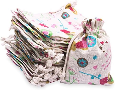 FASOTY 50 Pack Flower Rabbit Design Double Drawstring Linen Bags Burlap Bags with Drawstring Gift Bags Jewelry Pouch for Wedding Party and DIY Craft 3.7 X 5.2 Inch