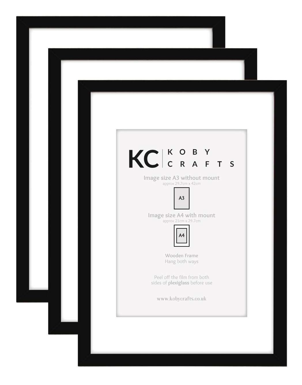 Koby Crafts Pack of 3 Black Picture Frames for A4 or A3 Images | 3 Pack Black Wooden Photo Frames | Hang Portrait/Landscape | A4 Image Mount — image 1
