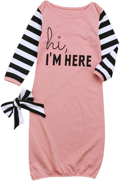 HBER Baby Girls Gowns Clothes Little Sister Long Sleeve Stripe Nightowns Pajamas Sleepwear Bag Outfits Set with Headband
