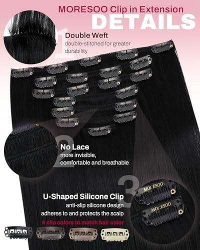 Moresoo Clip in Human Hair Extensions 60 cm Black Jet Remy Human #1 120 g 7pcs | Instant Volume, Invisible At The Neck, Modern Style, Easy To Wear, Soft Texture