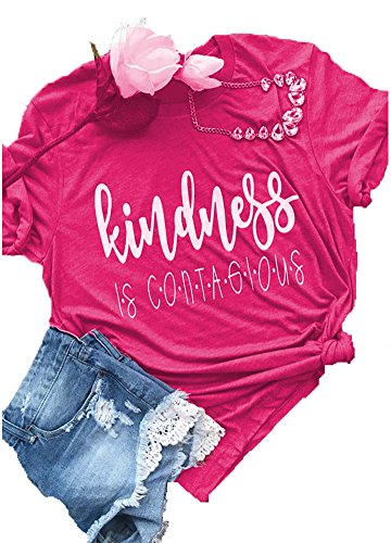 Enmeng Womens Short Sleeve Kindness is Contagious T Shirt Casual Letter Printed Tee Tops (XL, Hot Pink)