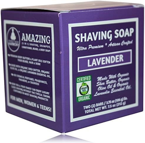 Organic Shaving Soap; Lavender; Unisex; Made W/Softening Butters & Oils; Org. Lavandin Essen. Oil; 5 in 1 (Shave Shampoo Cond. Body & Beard Soap) Cert. Organic by Oregon Tilth; Two 3.75 Ounce Bars