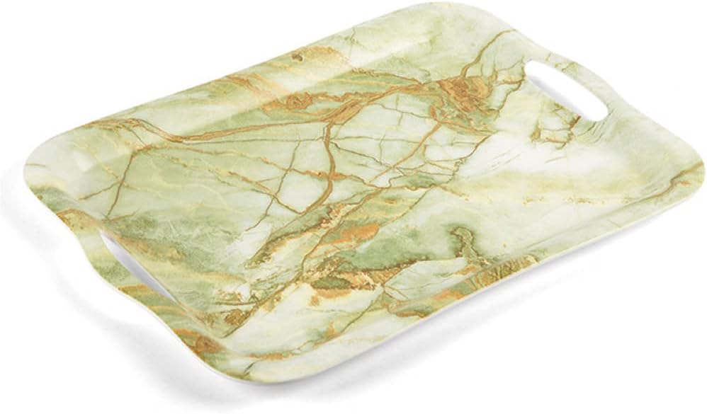 IAXSEE Large Melamine Serving Tray with Handles, Marble Food Tray for Breakfast, Tea, Coffee Table, Decorative Butler Ottoman Tray for All Occasion's(17 x 12) (Green)