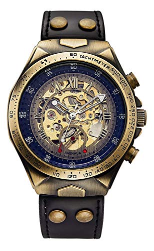 Luxury Automatic Mechanical Men's Leather Belt Fashion Steampunk Bronze Steel Waterproof Skeleton Watch (Black)