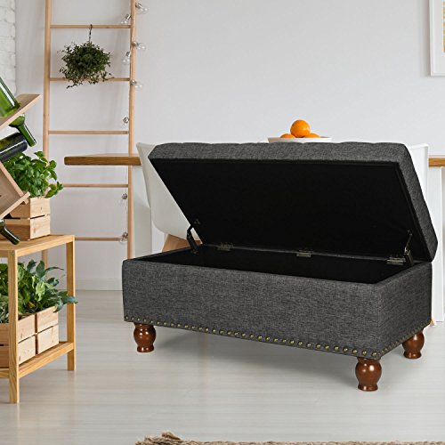 Asense Fabric Rectangle Tufted Lift Top Storage Ottoman Bench, Footstool with Solid Wood Legs, Nailhead Trim (Black Grey)