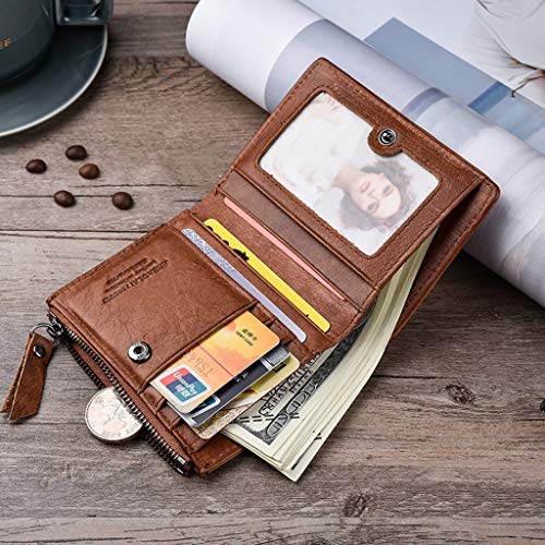 Yomiafy Men Women Multi-function Card Holder Wallet Genuine Leather Double Zipper Purse with Front Pocket - Thumbnail 4