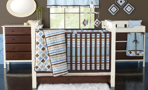 Bacati Mod Toddler/Crib Skirt, Blue/Diamonds/Aqua/Chocolate Stripes