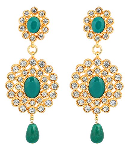 Touchstone gold tone Indian bollywood faux emerald dazzling bridal jewelry chandelier earrings for women