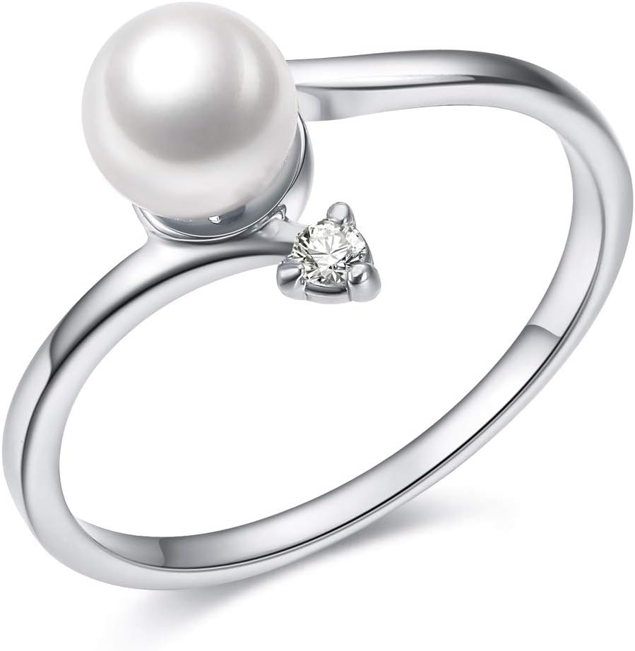 Pearl Silver Ring for Women - Engagement Ring with Round Simulated White Pearl (0,2 inches) and Rhinestone on Platinum Plated Bypass Wedding Band (Size N)