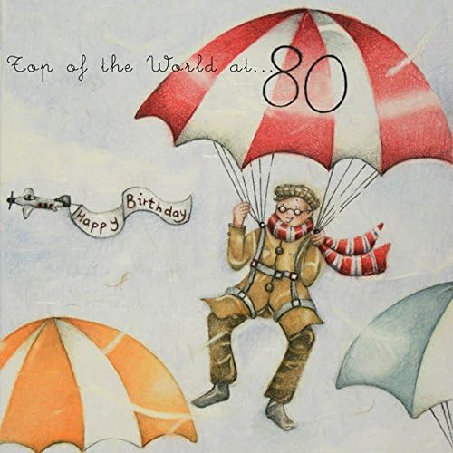 80th Birthday Card "TopOf The World at 80" (Men Who Love Life), green|brown|orange|grey, 210 x 290 mm
