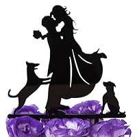 LOVENJOY Dogs Wedding Cake Topper Bride and Groom Silhouette with Gift Box, Black
