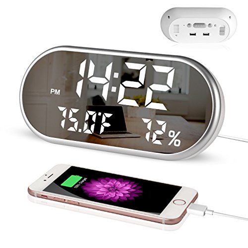 Digital Alarm Clock, Portable Mirror HD LED Display with Time/Humidity/Temperature/Display Function, 3 Brightness Adjustment, Dual USB Port Charging, Suitable for Bedroom, Office, Travel