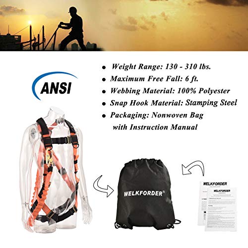 WELKFORDER 1D-Ring Industrial Fall Protection Safety Harness with 6-Foot Shock Absorber Stretchable Lanyard [Snap Hook End] | Permanent attached Kit | ANSI Complaint Personal Fall Arrest System(PFAS) - Thumbnail 6