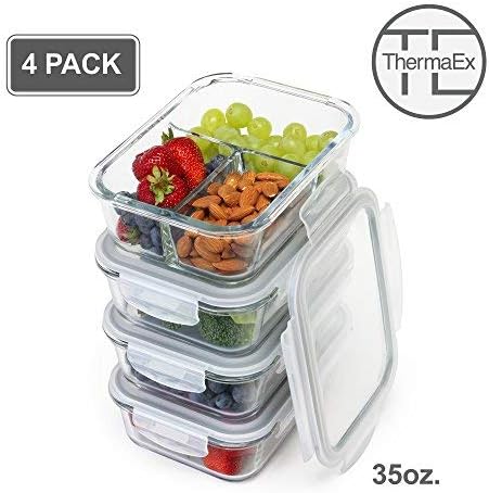 [4-Pack] Glass Meal Prep Containers - Bento Box Food Storage Containers - 1+2+2+3 Comp - Leak Proof lids - BPA FREE - Lead Free - FDA Authorized - Dishwasher, Oven, Microwave, Freezer Safe [35 Ounce]
