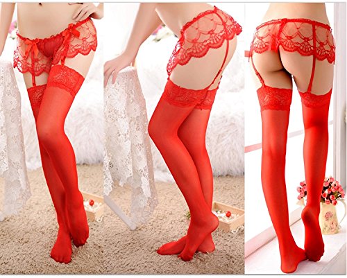 MISMXC Sexy Womens Lace Garter Belt Panties & Sheer Stockings Lingerie Set (Red)
