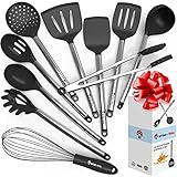 Cooking Silicone Utensils Set 10 - Best Nonstick Kitchen Cookware Utensil Sets - Large Hanging Spoons Spatula Set - Non Toxic Cook Gadget Kit Black
