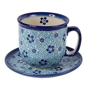 Traditional Polish Pottery, Handcrafted Ceramic Coffee Cup and Saucer 275ml, Boleslawiec Style Pattern, F.201.Flow