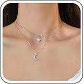 Erimberate Bohemian Layered Crystal Star Choker Necklace Sliver Crescent Moon Pendant Necklace Cz Starburst Collar Necklace Rhinestone Star Necklace Jewelry for Women