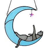 BOXCASA Handmade Gray Cat on Moon Stained Glass Suncatcher - Colorful Crystal Star & Window Hanging Decor for Cat Lovers, (Women, Mom, Grandma)