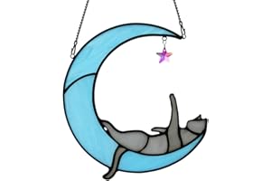 BOXCASA Colorful Crystals Star Cat Suncatchers for Window,Gray Cat Stained Glass Window Hanging,Funny Cat Moon Decor,Cat Gifts for Cat Lovers,Women Mom Grandma Aunt Friend