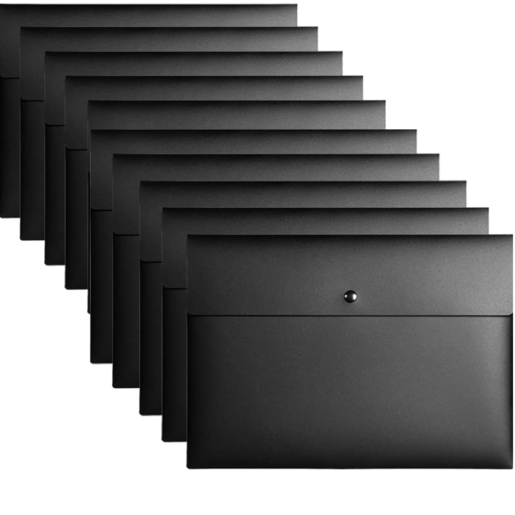 10Pcs Plastic Wallets A4 Black Folders Document Popper Files Wallets with Button Flat File Holder Document Paperwork Storage Portfolio Envelope Paper Bag File Organizer for Office School Home
