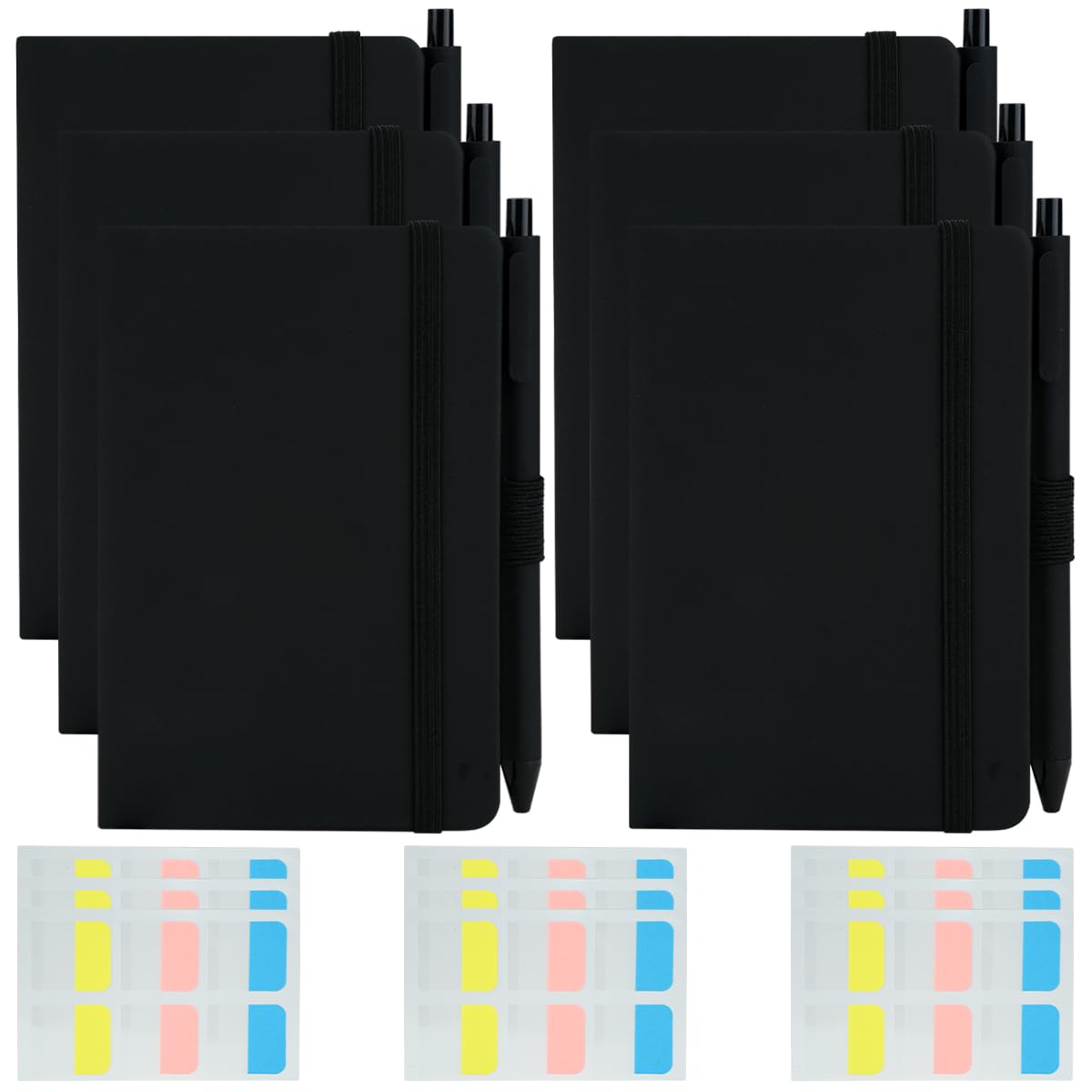 BOJVESH 6Pcs A6 Pocket Notebooks, Small Hardcover Notebook, 6 Mini Journal Notebooks with 6 Pens and 10 Index Tabs, Portable Lined Journal Notebook Notepads 160 Pages for Office, Home, School (Black)
