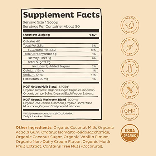 KOS Golden Milk Powder, USDA Organic Superfoods Instant Turmeric and
