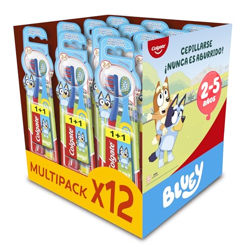Pack 12 x 2 Cepillos de dientes Kids Bluey 2-5 años, cepillo de dientes infantil, cabezal pequeño, filamentos extra suaves para una limpieza delicada, mango redondo para un agarre cómodo