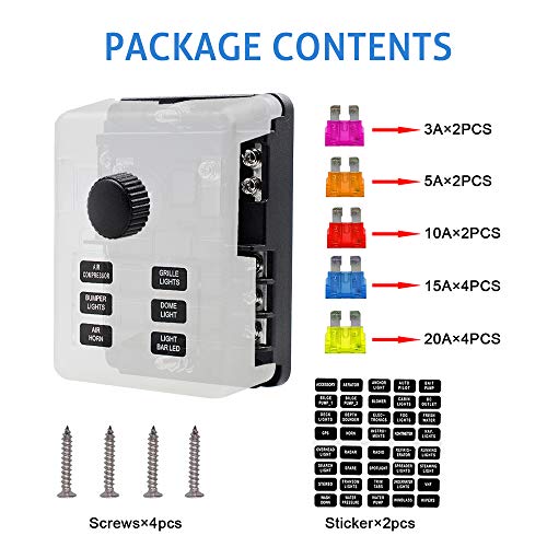 WUPP 12 Volt Fuse Block, Waterproof 6 Way Fuse Box with 6 Ground