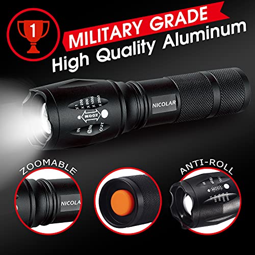 Nicolar LED Tactical Flashlight [2 Pack] - High Lumen, Zoomable, 5 Modes, Water Resistant Flashlight,Camping Accessories, Emergency Gear,Powerful Handheld Flashlight for Hiking Outdoor