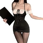 GK-O Women Sheer Lace Up Backless Lingerie Dress Secretary Costume Mini | Halter neck bodycon dress features adjustable up back includes matching glossy black one piece bodystocking fits 40 to 60kg