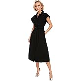Ladyful Women Casual Button Down Shirt Dress Short Wing Sleeve Buiness Midi Shirt Dress with Belt Elegant Dress
