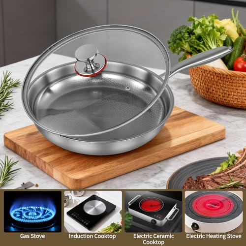 Sartén de titanio martillado Pro para cocinar, sartén de titanio con tapa, utensilios de cocina Pro antiadherentes, calentamiento uniforme para cocinar (30cm)