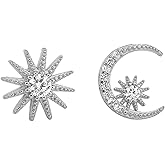 Asymmetric Moon Star Earrings for Women Crystal Moon Sun Stud Earrings Rhinestone Silver Sun Earrings for Women Jewelry Gifts